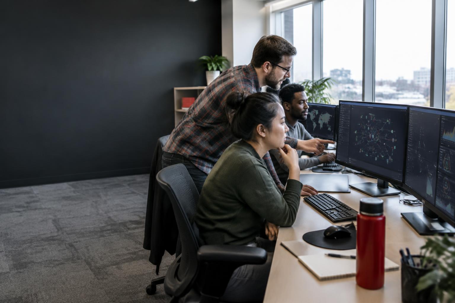 Cybersecurity professionals collaborating at an office workstation